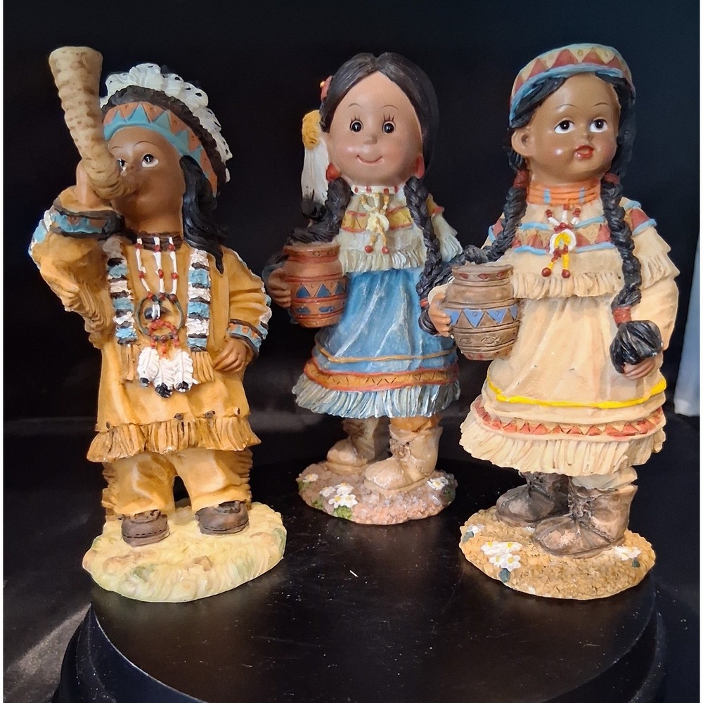 Prestige Native American Style Resin Figurines Set of 3 Children with Pottery